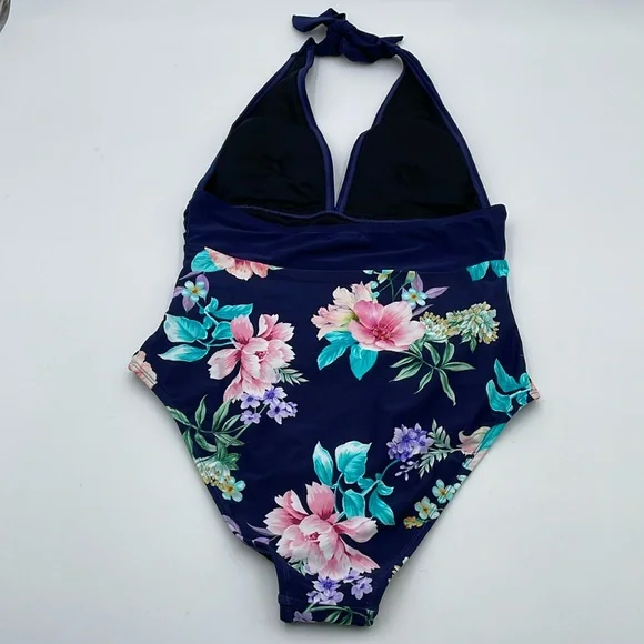 CUPSHE Blue Floral Plunge Halter Tie Neck Tummy Control One-Piece Swimsuit - Picture 7 of 13
